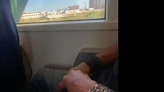Accidental sex broke out on a public train with amateur milf giving handjob and cumshot