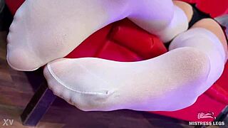 Goddess Teases With Big Booty And Sexy Feet In White Stockings On Red Couch