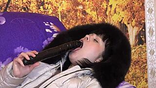 milf in a down coat in a hood with fur trim sucks a big dildo in different positions amateur fetish