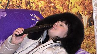 milf in a down coat in a hood with fur trim sucks a big dildo in different positions amateur fetish