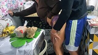 Brazilian milf gives blowjob in kitchen