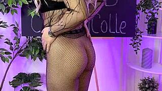 nylon club, slipping on fishnet tights for domination