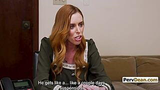 Stepmom dominates student at office desk.