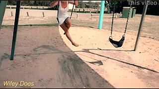 My wife swings on the outdoor swing with no panties for everyone to see. What a daring public display!