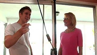 Mature blonde rides and fingers with guy