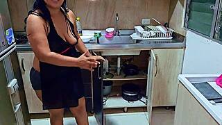 Stepmom's Wild Squirting Orgasm in Kitchen While Stepson Watches Her Horny Moves
