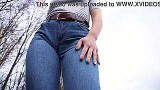 Milf Teases Big Cameltoe in Tight Blue Jeans Outdoors