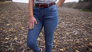 Milf Teases Big Cameltoe in Tight Blue Jeans Outdoors