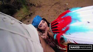 in the florida woods, thick booty ebony and ivory milfs slurp on a big cock publicly