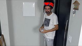 Latina brunette fucks delivery guy with blowjob and cumshot.