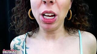 Mercedez, the slim brunette, toys with her pussy and gives a blowjob.