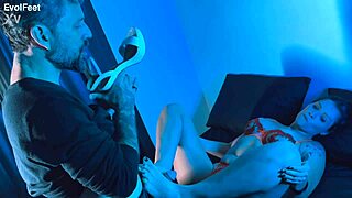 Blonde Milf Masters Footjobs with Bare Feet and Sexy Toes