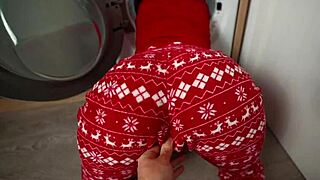 best gift for step son: step mom bent over, stuck in tight washing machine