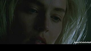 Sharon Stone in Sliver 1993 gives sexy handjob and blowjob topless with small tits in retro blue film.