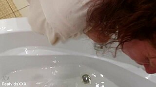 Mature wife bent over for intense doggystyle fucking and blowjob in bathroom, cum in mouth.