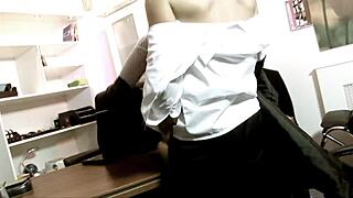 milf blonde secretary bangs big boss on desk through fishnets