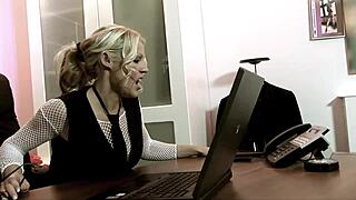 milf blonde secretary bangs big boss on desk through fishnets