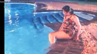 unmarried hot couple enjoying at swim pool, relaxing with big tits and softcore fun