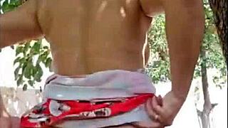 Blonde milf steps outside to masturbate and show hairy natural tits.