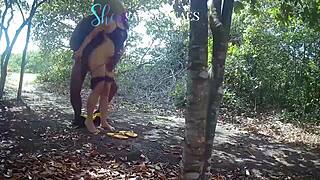 hey, check out this latina wife getting naughty with a big black cock in the woods!