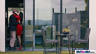 busty petite lesbian cheats with strapon mistress