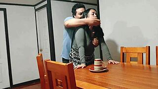 Fucking stepmother during table clearing in roleplay
