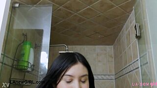 Intriguing Casting Session with Asian Teen Brunette Taking a Relaxing Shower on Sofa