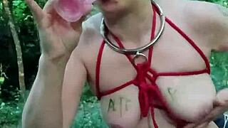 French milf maid turns into bound slave for public forest humiliation with dildo and vibrator