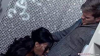 Hot brunette milf taking cock in toilet with lingerie blowjob.