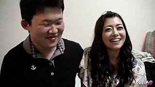 Watch this Japanese cougar get tricked into amateur MMF threesome with boy and old men!