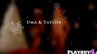 uma jolie and petite babe pose naked in softcore scene.