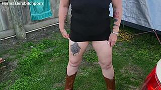 Filthy kiwi mature milf pisses on the ground at the campground while campers are around.
