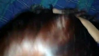 This brunette girlfriend sucks big cock in homemade interracial scene.