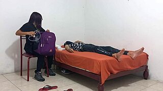 Capricious nurse treats patient while touching her big juicy tits.