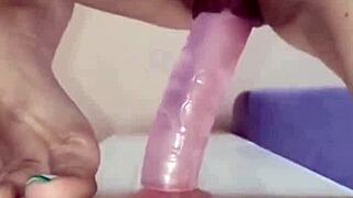 Skinny Milf Masturbates With Dildo In Close-Up Cowgirl