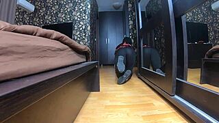 Nympho wife teases camel-toe in jumpsuit, cum on red jacket