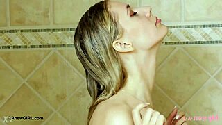 blonde girl takes shower