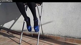 Petite girl in denim shorts and black tights