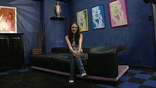 stephanie caine, in stockings and shoes, rubs her shaved pussy clit while getting anal fucked, cumming on his fat cock