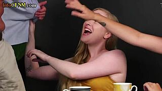 Cfnm milf and babes perform oral on dude in group femdom action