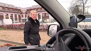 Glassed blonde teacher gets her tight pussy covered in cum during lunch break in taxi