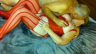 Granny carmens rides black dildo in red outfit to cum