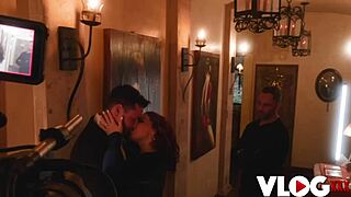 redhead natasha nice strips down backstage for a passionate rough sex scene with big cock thrusting. she rides cowgirl and teases in lingerie until climax.