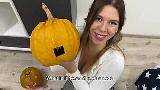 Blonde milf with big tits asks pumpkin or pussy?