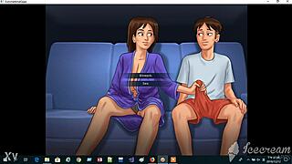 Summertime saga cartoon with Debbie having clothed sex on couch.