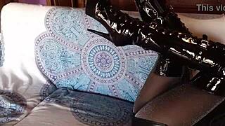 Total Black Outfit With Fishnets Pantyhose And Boots Over The Knee On Petite Brunette