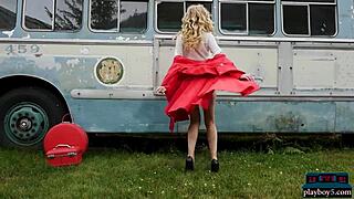 Petite blonde milf from canada strips nude outdoor showing bombshell body for playboy centerfold