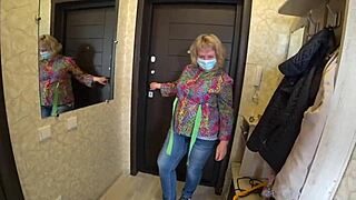 i visited my girlfriend and she strapped on to fuck me doggystyle in white panties shaking her big milf ass