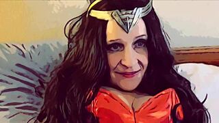 Modern Justice League Cosplay with Blue Eyes Allure Brunette Granny in Corset and Fishnets Giving Blowjob!