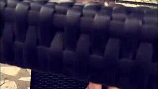 Dirty milf flashes nude outdoors in public with quickie sex snaps and rough action.